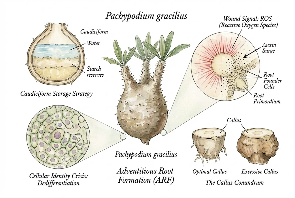 Conceptual bare-root Pachypodium base and callus states