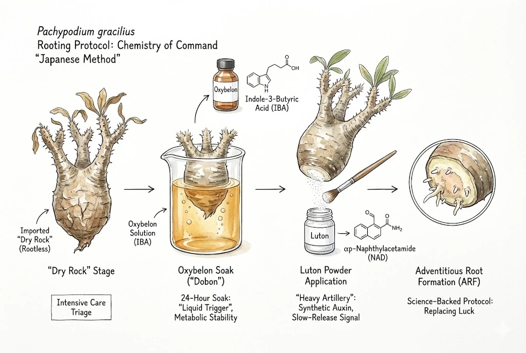 Conceptual rooting-hormone treatments on a Pachypodium base