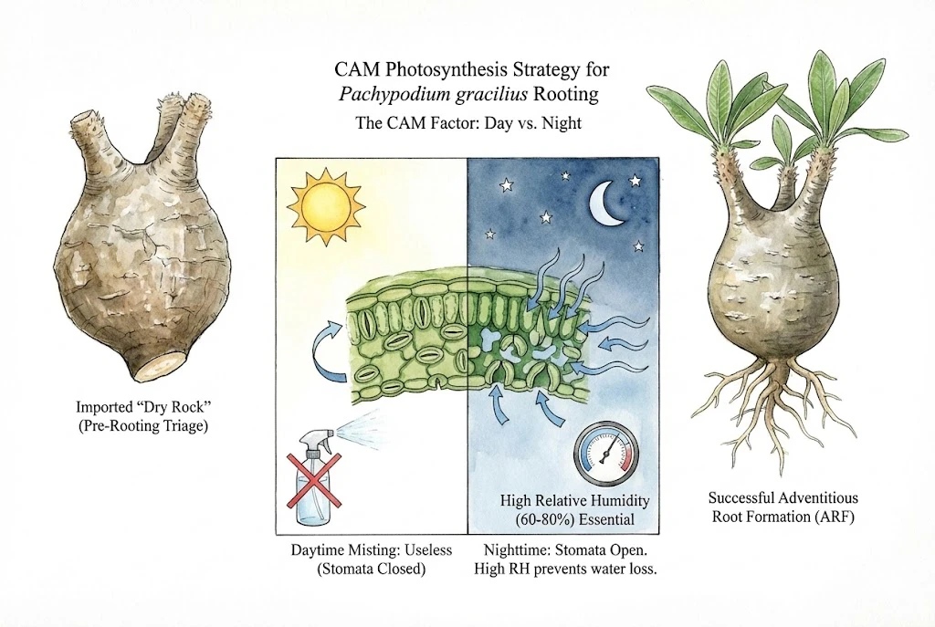 Conceptual day-night humidity and CAM illustration