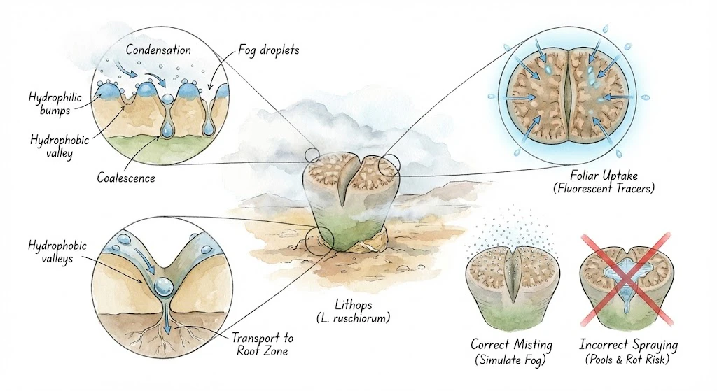 Conceptual illustration of fog and dew near a Lithops habitat