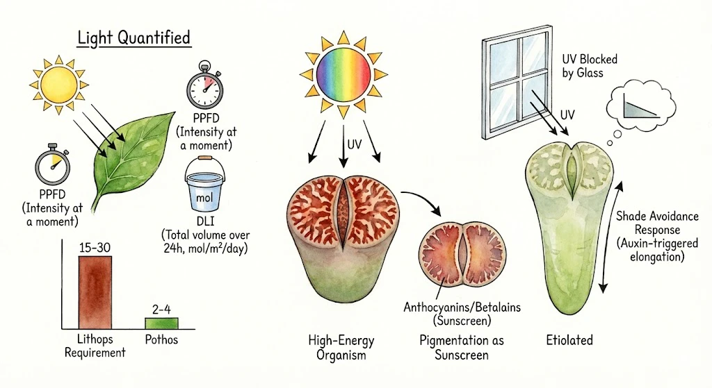 Conceptual illustration of PPFD, DLI, and light acclimation for Lithops