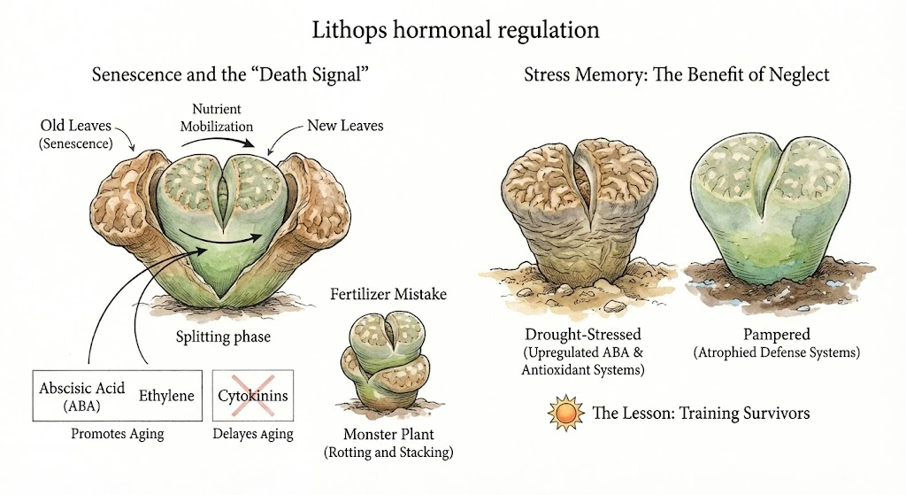 Conceptual illustration of hormonal and environmental signals during leaf renewal