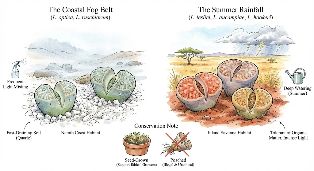 Conceptual comparison of Lithops habitat groups and conservation context