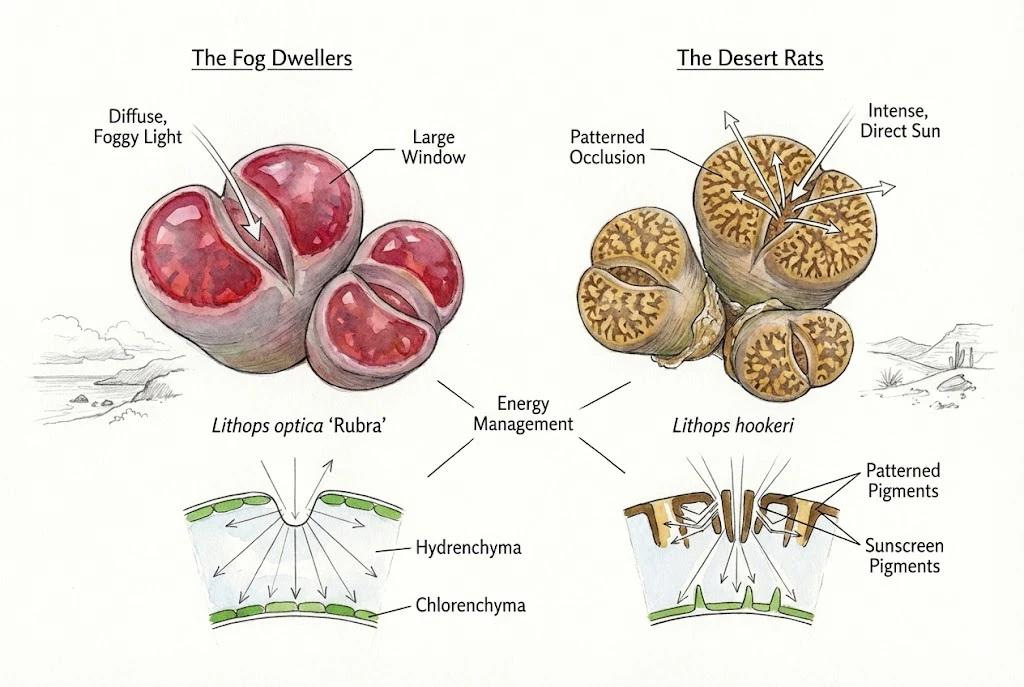 Conceptual comparison of light scattering and focusing in a Lithops window
