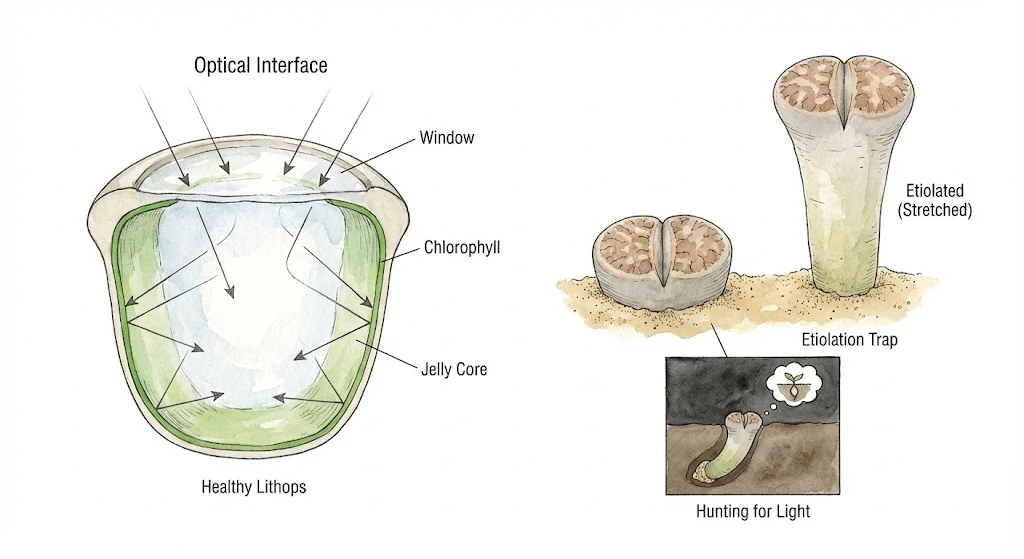Conceptual illustration of Lithops window size and habitat comparison