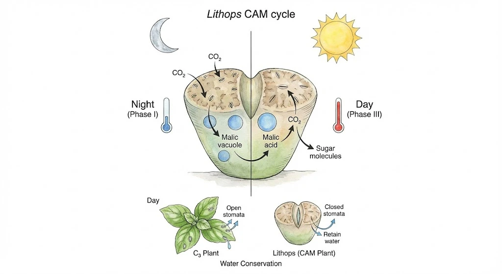 Conceptual illustration of CAM gas exchange in Lithops