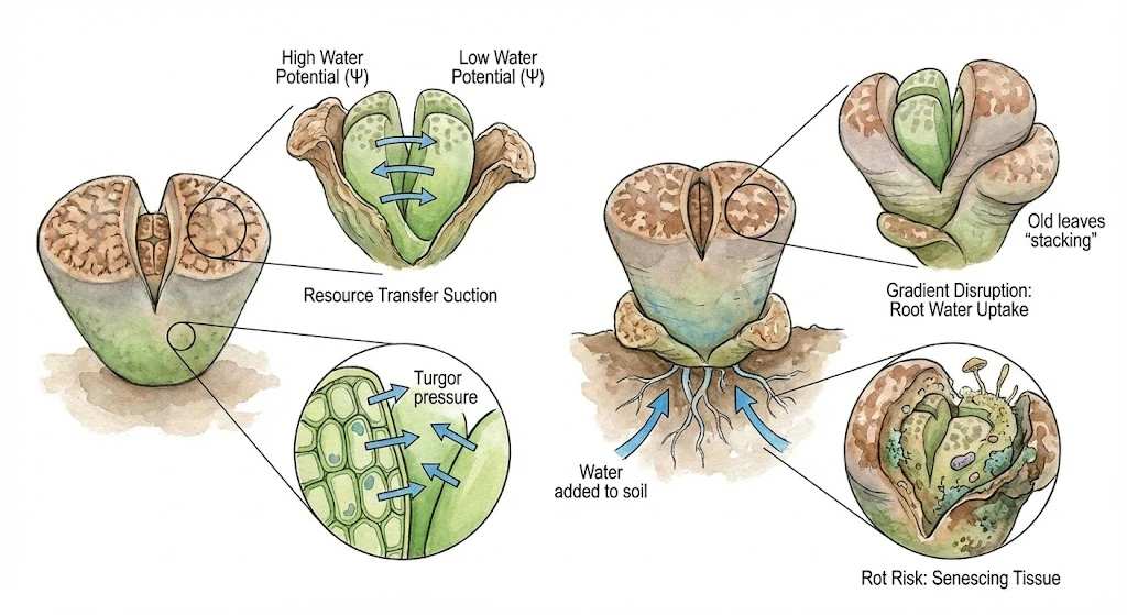 Conceptual illustration of water transfer during the Lithops leaf split