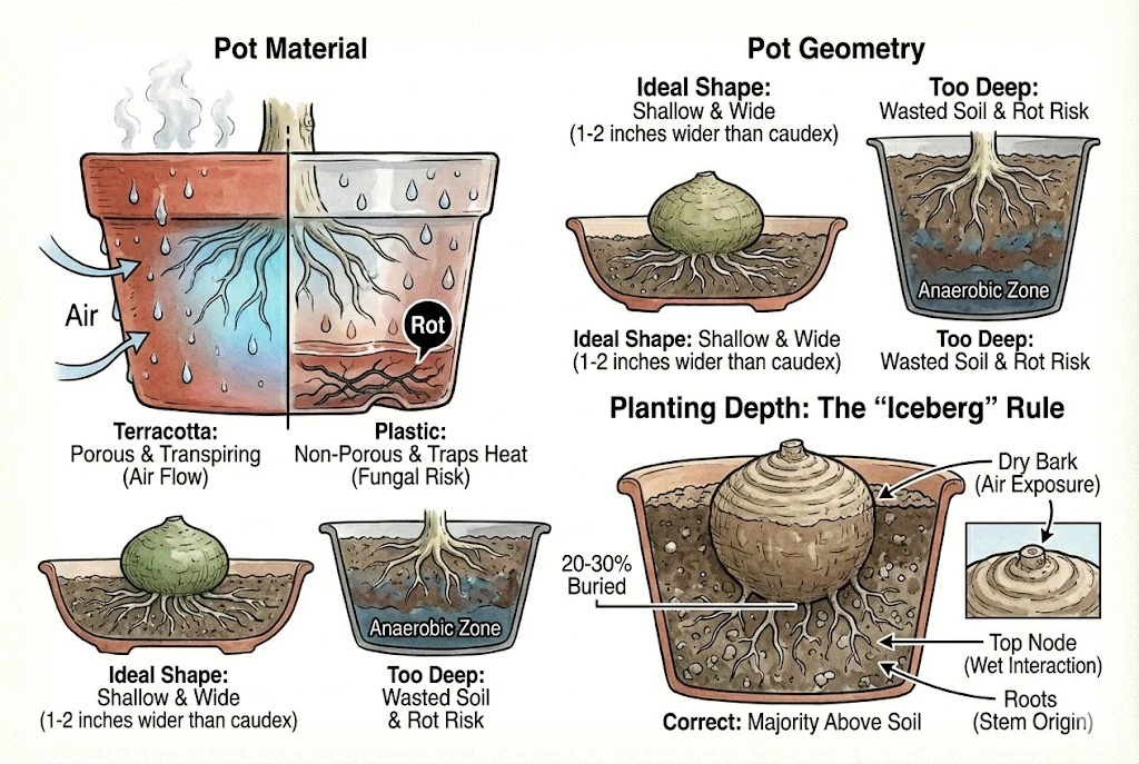 Illustration conceptuelle de la taille et de la forme du pot et de la profondeur de plantation