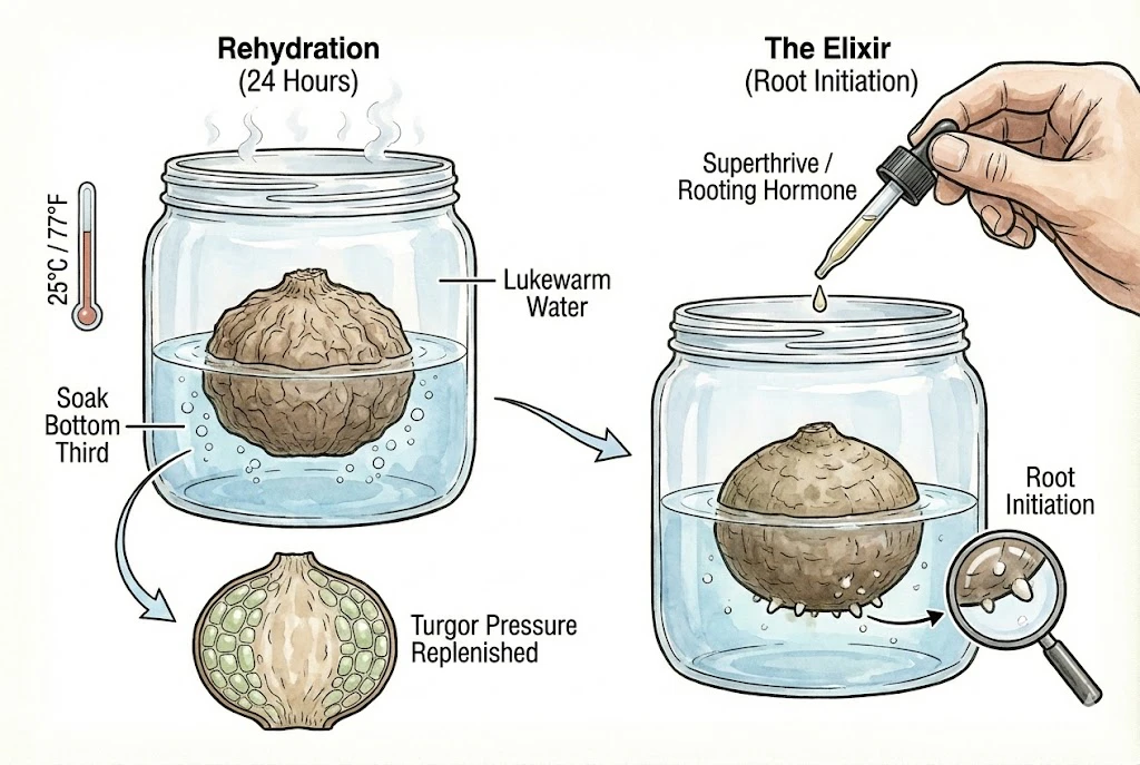 Illustration conceptuelle de l’inspection d’un tubercule dormant avant sa réhydratation