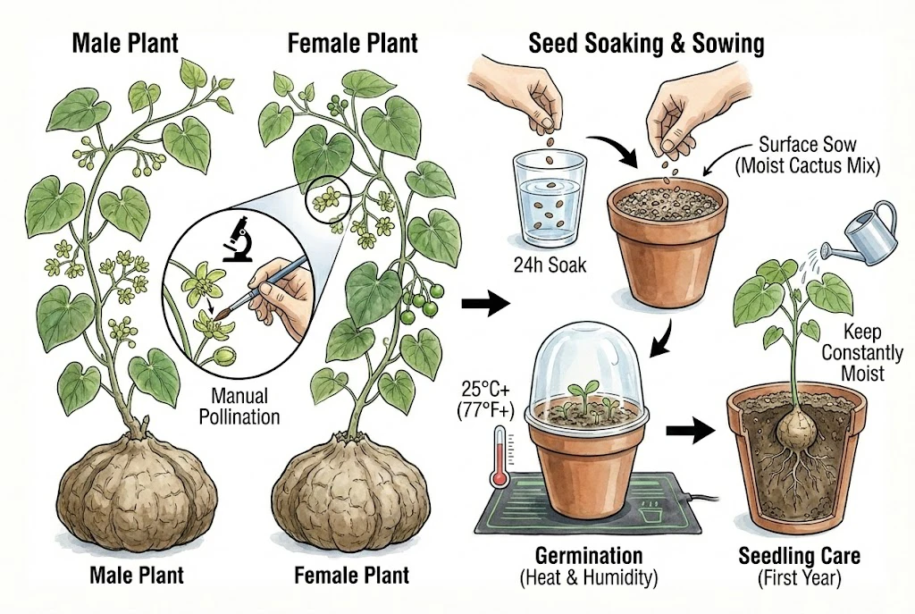 Illustration conceptuelle de la pollinisation, du semis et des soins des jeunes plants