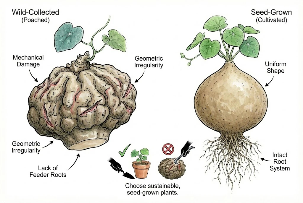 Illustration conceptuelle de la forme du caudex et des questions de provenance