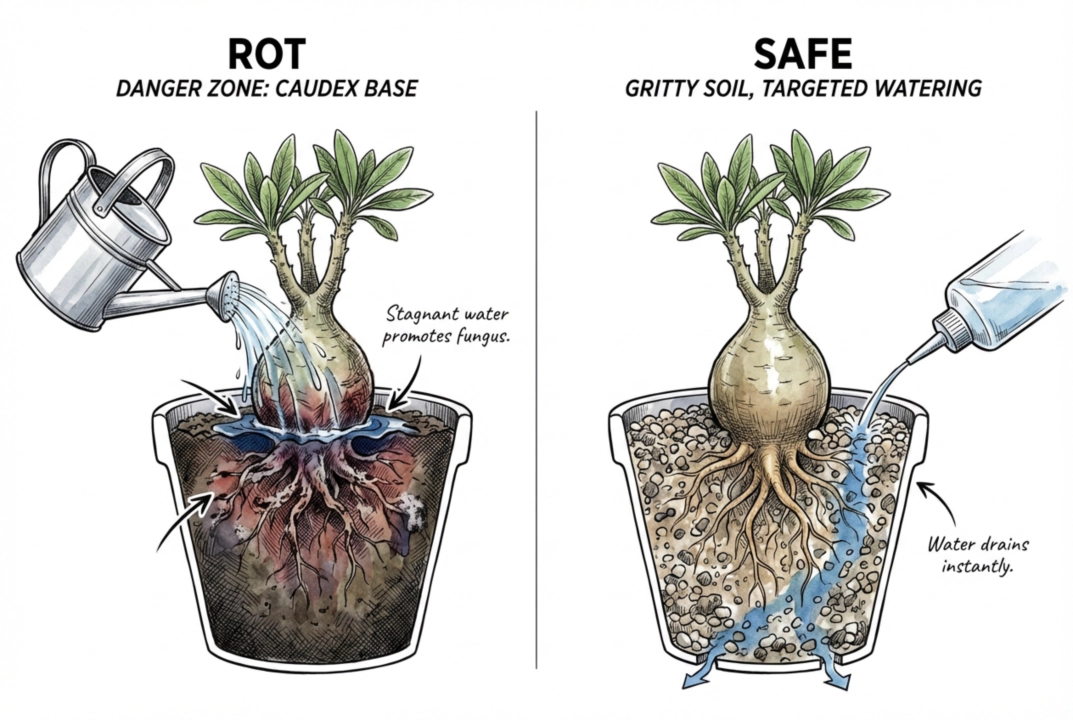 Direct top-watering toward the substrate rather than a caudex crevice