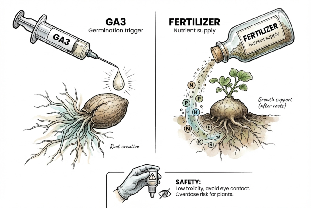 Fertilizer and GA3 serve different roles; neither can restore a nonviable seed