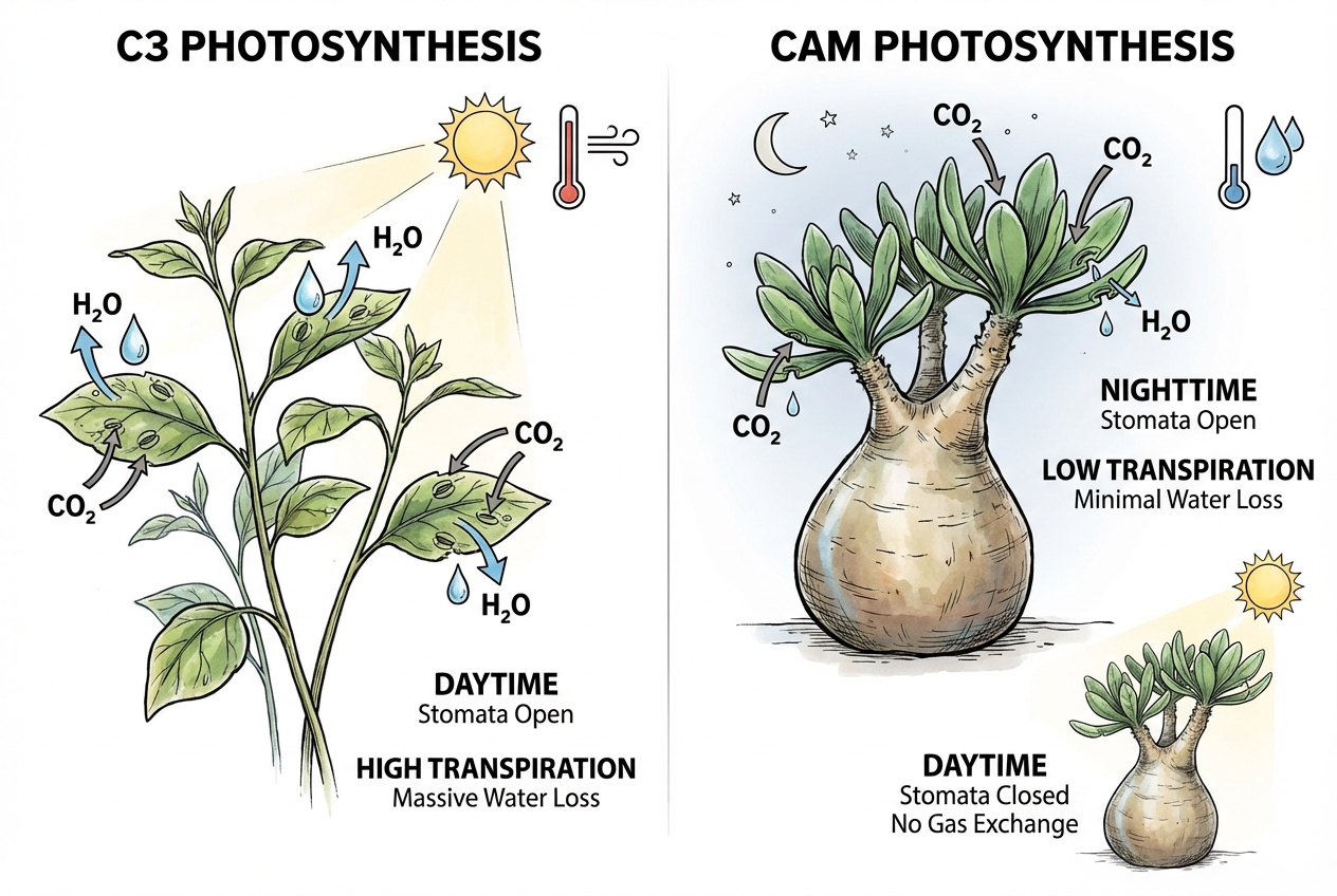 Conceptual comparison of C3 and CAM timing without assigning one pathway to every caudex plant