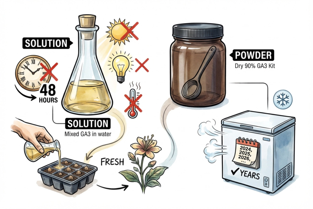Dry GA3 and mixed solution require product-specific storage labels and protected containers