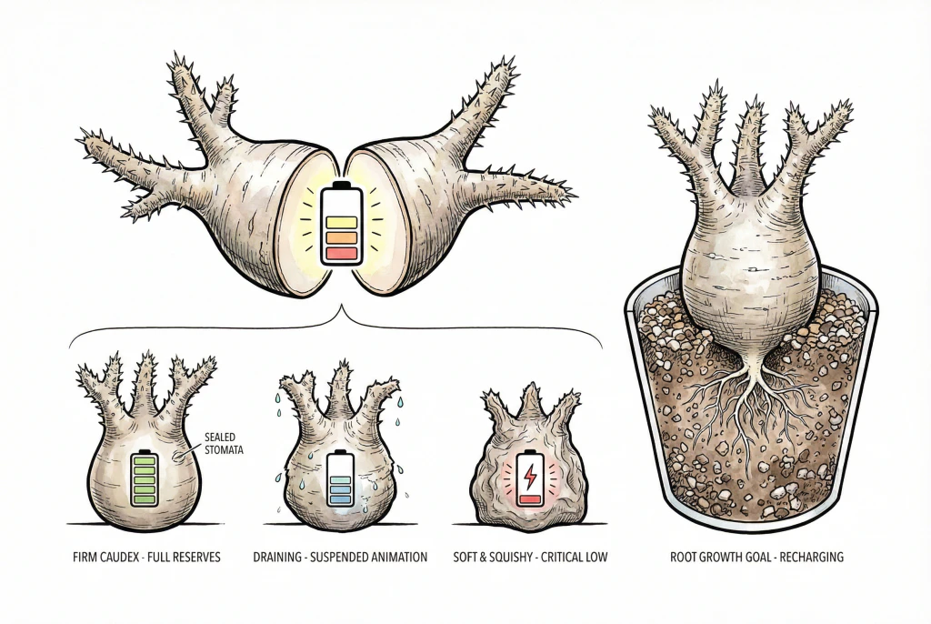 Caudex de Pachypodium à racines nues utilisant l’eau stockée en l’absence de racines.