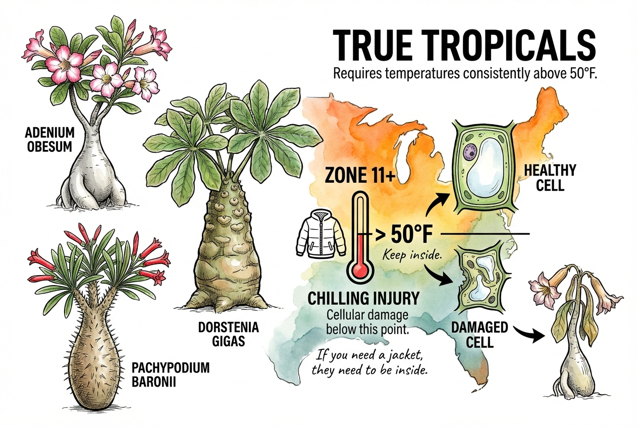 Tropical caudex plants requiring a cautious warm-temperature transition