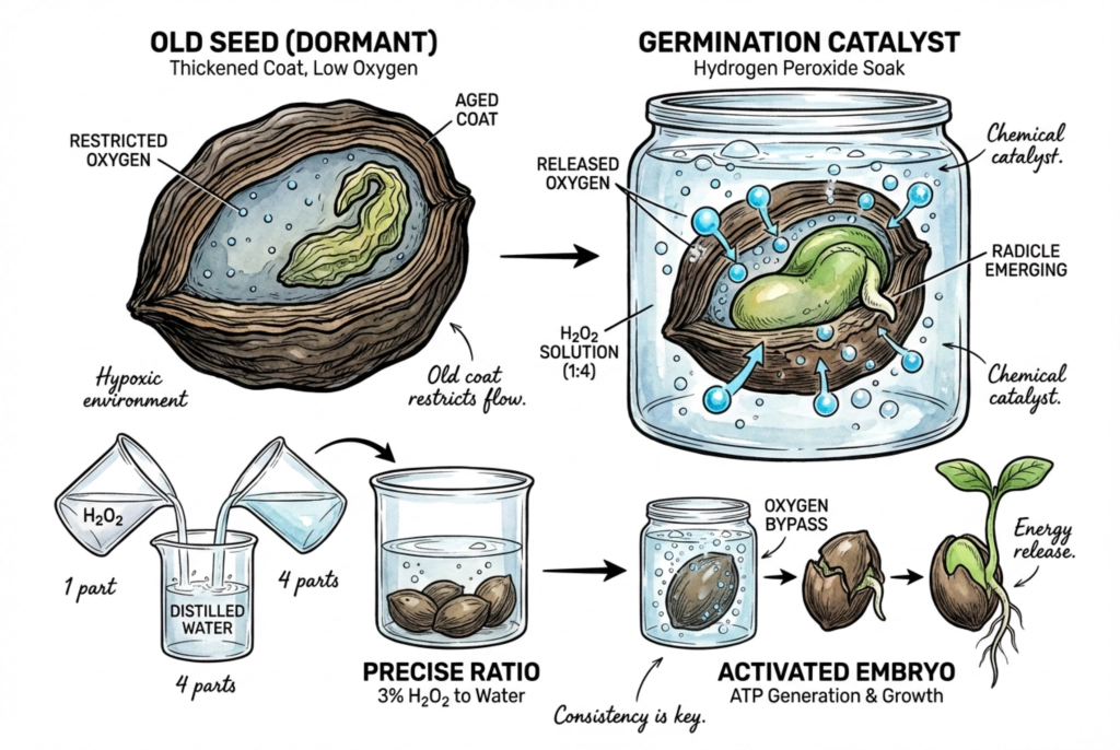 Conceptual illustration of oxygen and gas exchange limits in a genuinely hard-coated seed