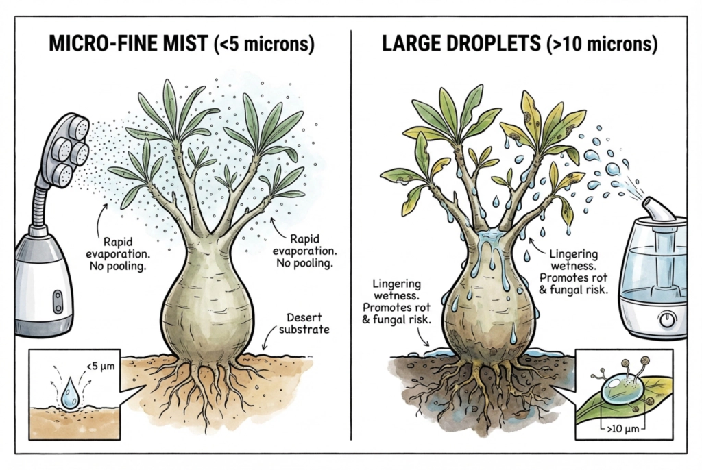A visualization showing micro-fine ultrasonic mist droplets hovering around a plant stem without soaking the surrounding dry soil or causing water pooling.