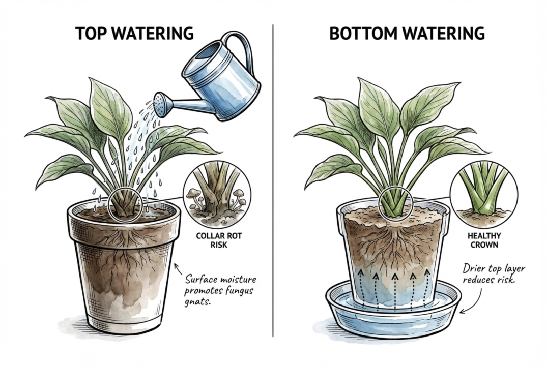 A drainage-hole pot taking up shallow tray water from below