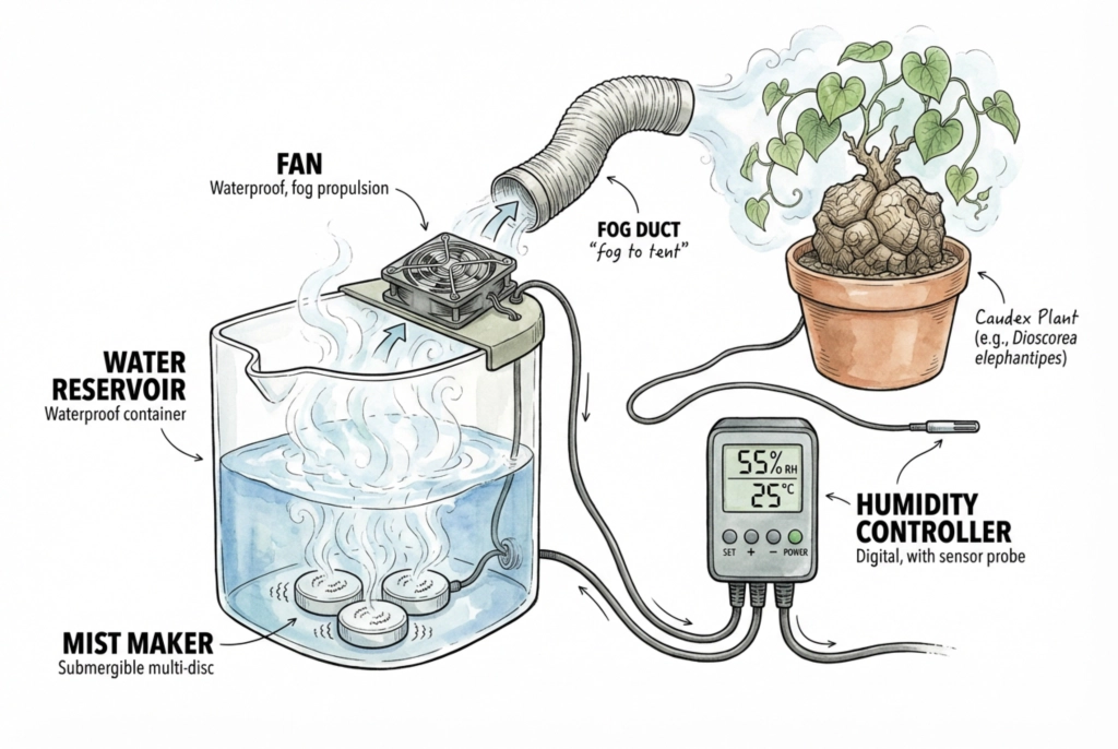 An automated indoor grow tent setup showing an external water reservoir, a multi-disc ultrasonic fogger, and ducting routing cool mist directly to the plants.