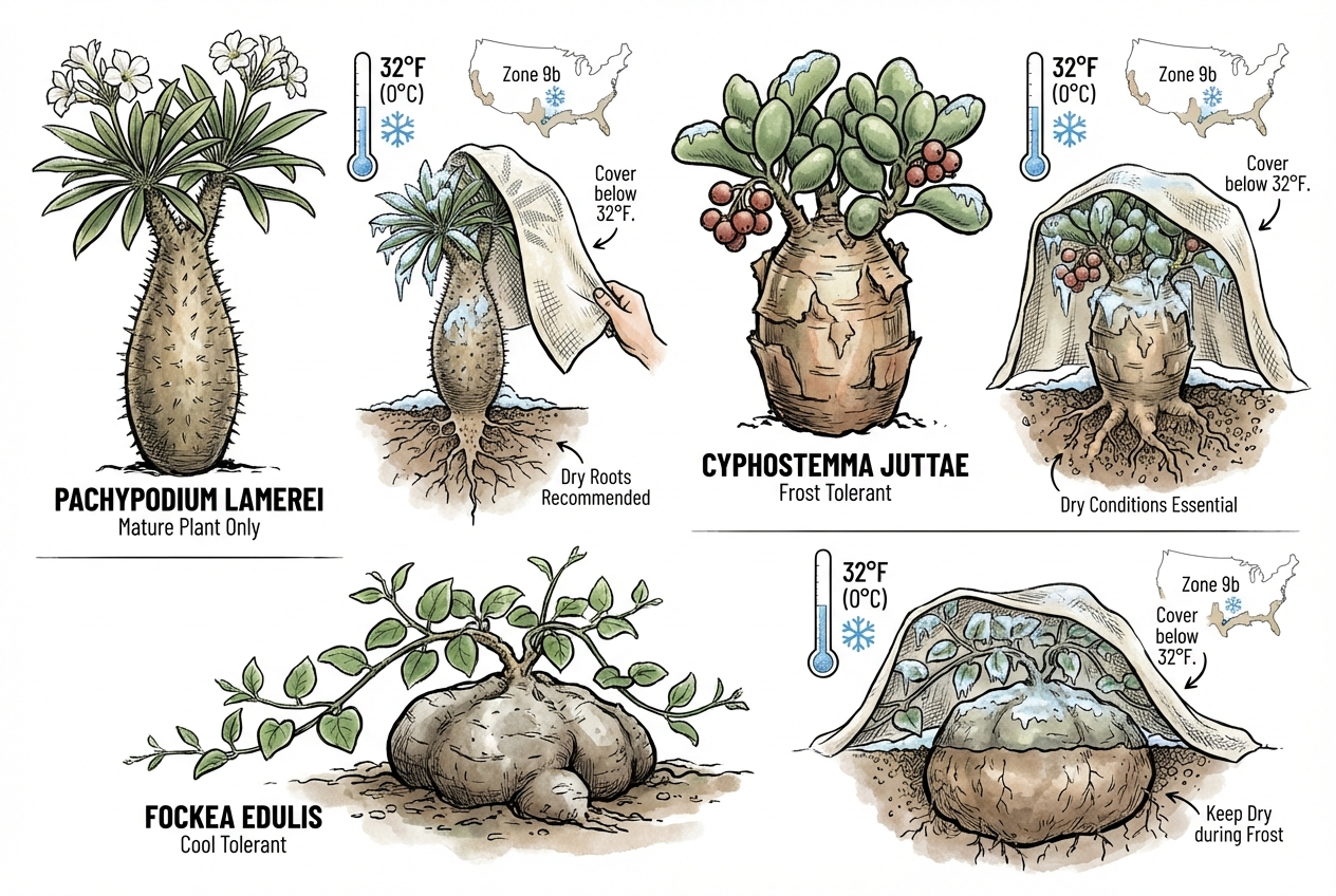 Caudiciforms evaluated for brief frost only with species and site caveats