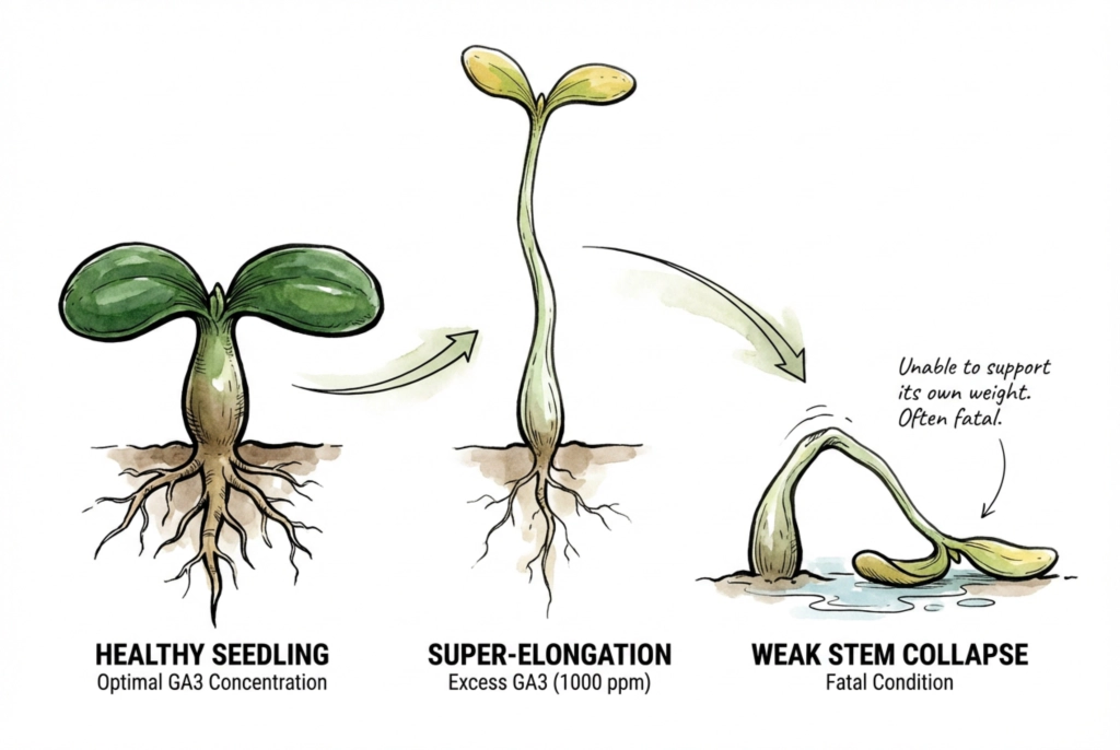 A healthy seedling beside elongated growth; higher GA3 concentration is not automatically better