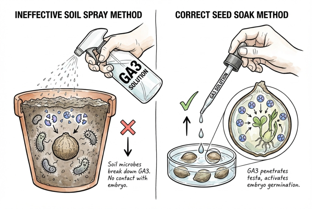 Seed soaking and media application are different GA3 methods and should not share an assumed dose