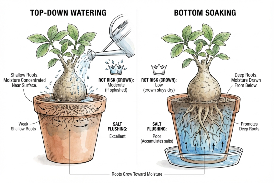 Root distribution depends on moisture, oxygen, pot shape, and species