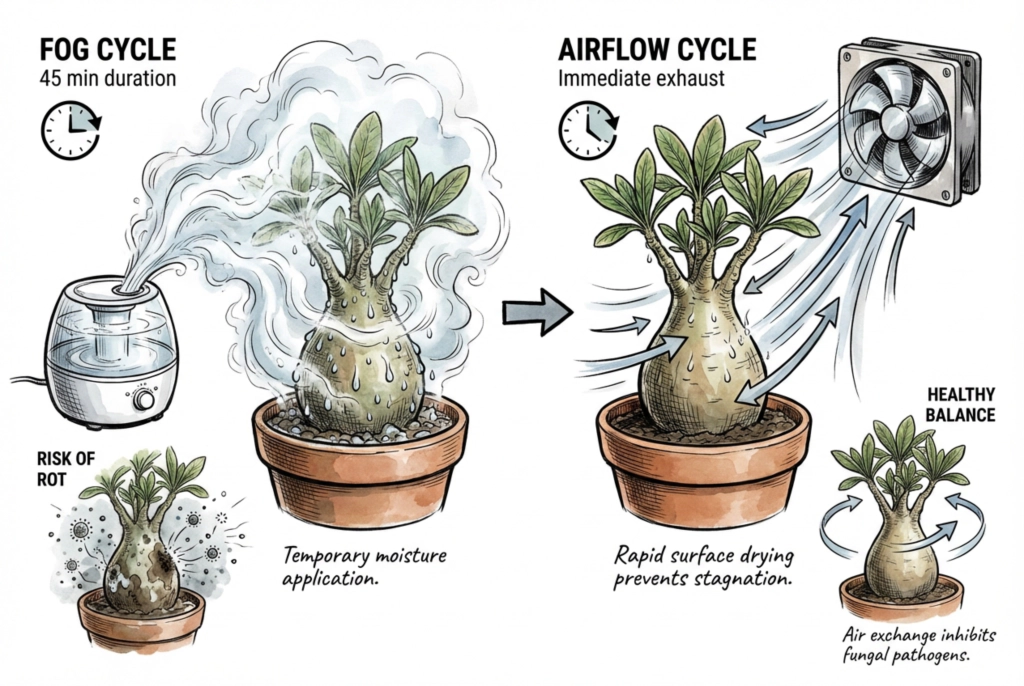 An exhaust fan running at the top of a grow tent to clear out excessive humidity, demonstrating the crucial balance between misting and fresh air circulation.