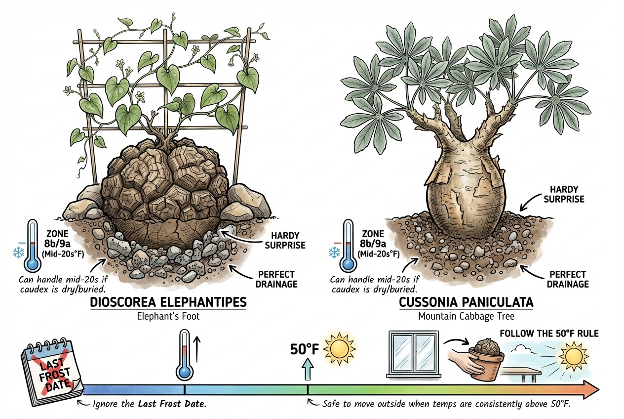 Cool-weather caudiciform examples that still require documented limits