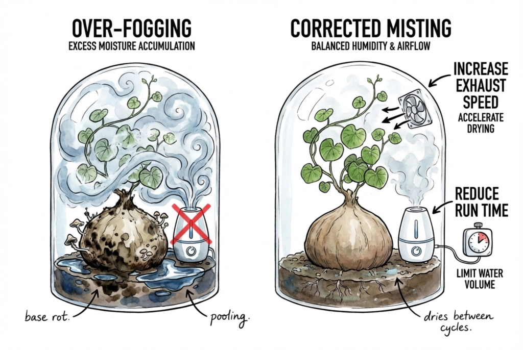 Visual warning signs of over-fogging an indoor tent, showing water accumulating at the delicate base of a caudex plant.