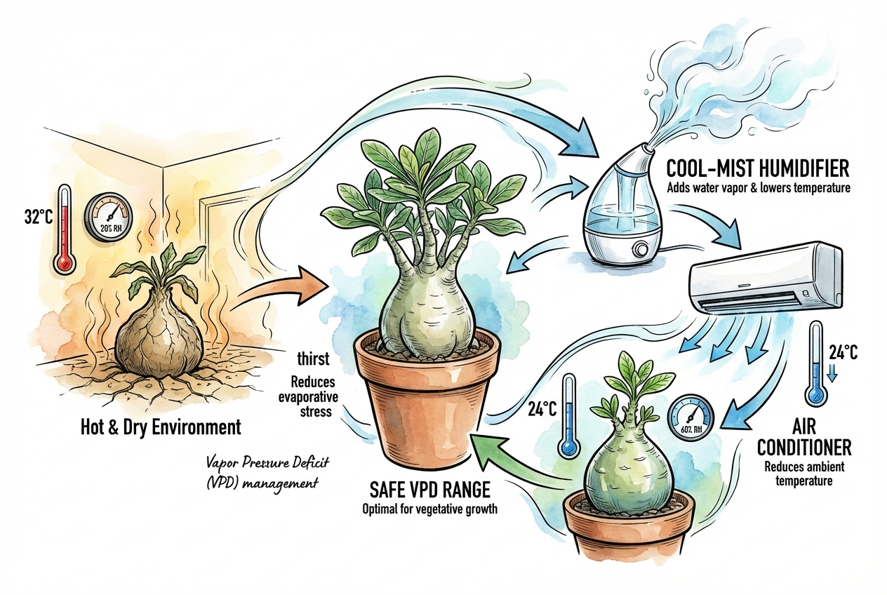 Conceptual humidifier setup with hygiene and condensation cautions