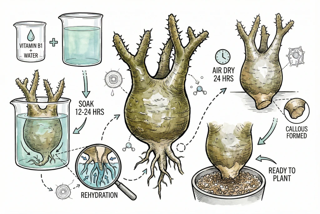 Base coupée d’un Pachypodium tenue à l’écart d’une solution de trempage non vérifiée.
