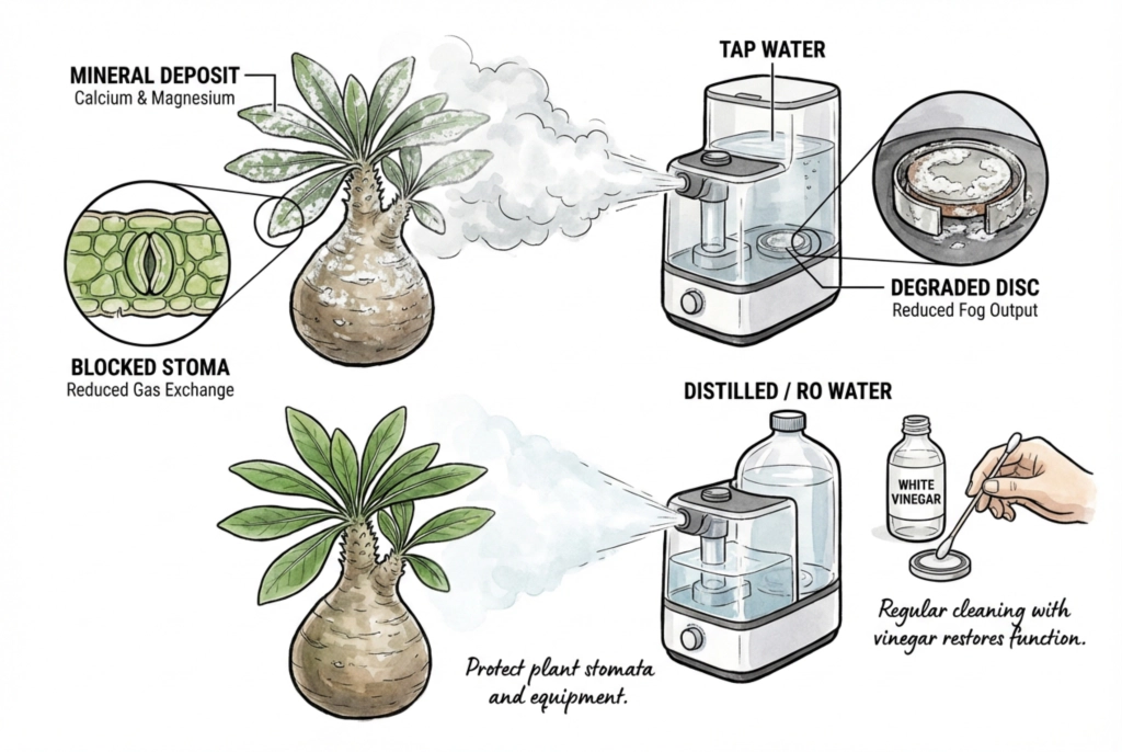 A comparison highlighting the detrimental effects of tap water, showing white mineral crust buildup on plant leaves versus healthy growth using distilled water.