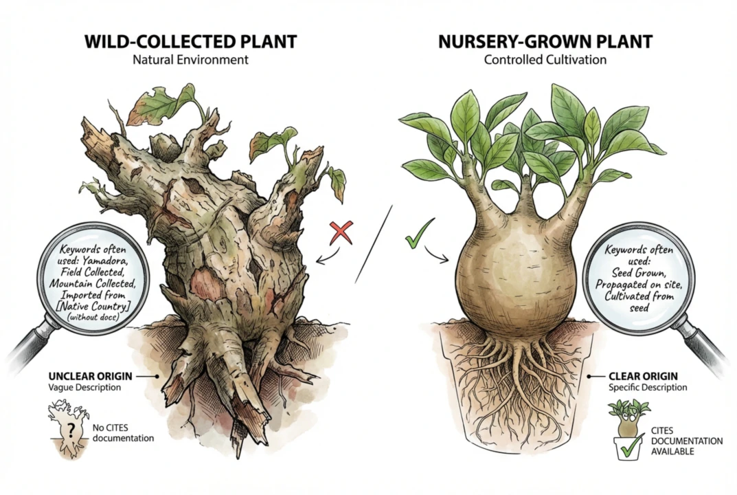 Origin terms in plant listings grouped as questions to verify rather than proof of poaching