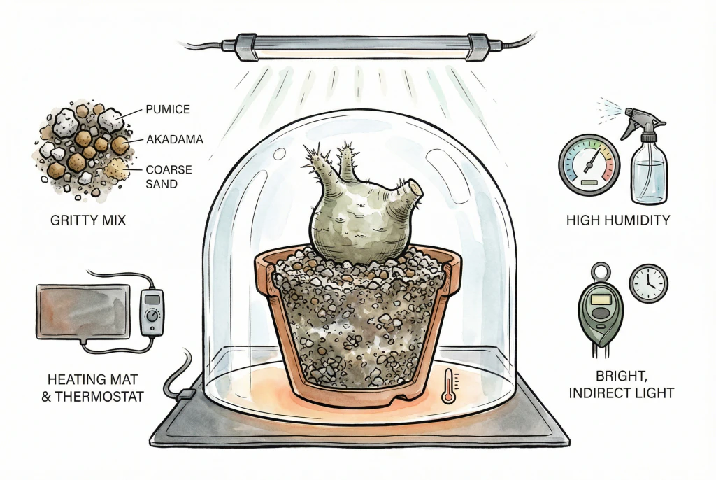 Station de multiplication stable pour un Pachypodium à racines nues.