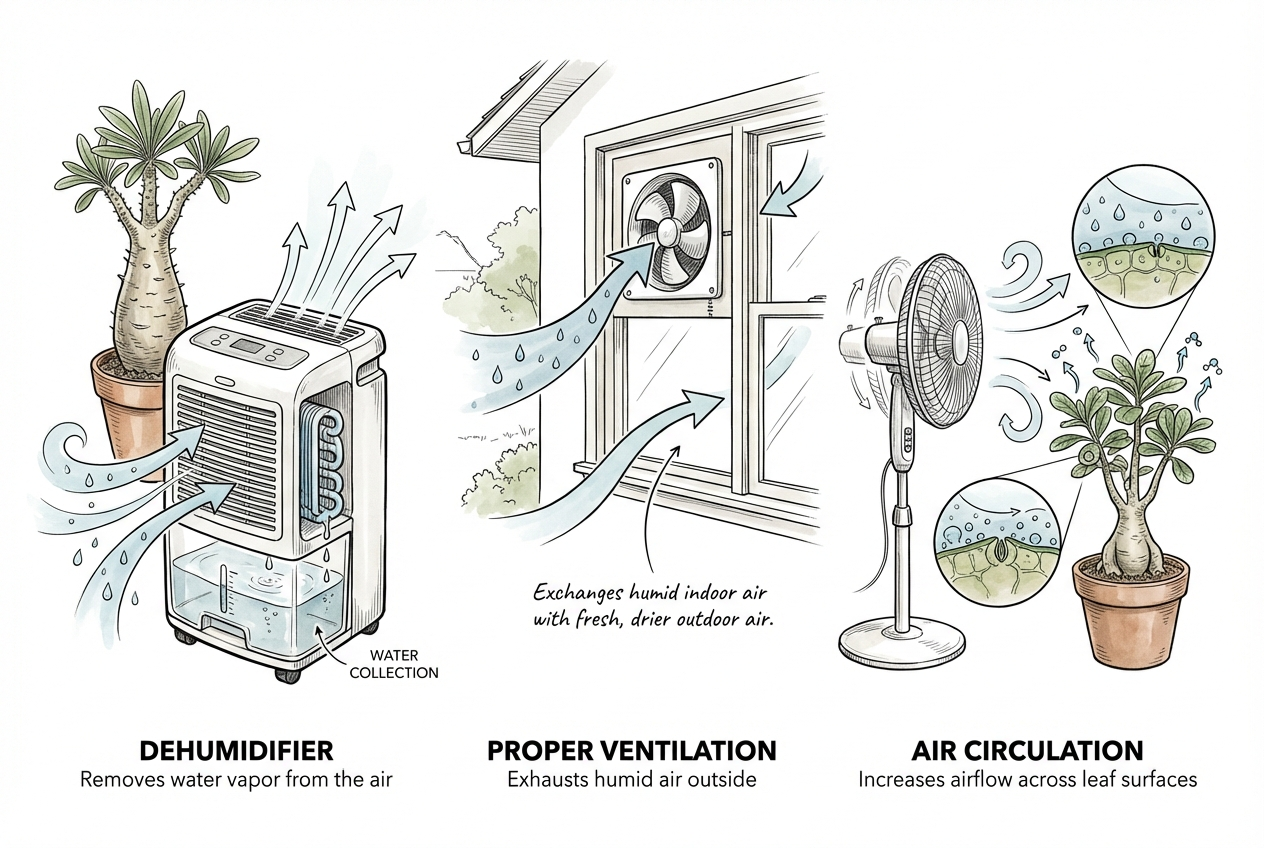 Conceptual options for reducing room humidity with a dehumidifier ventilation and fan