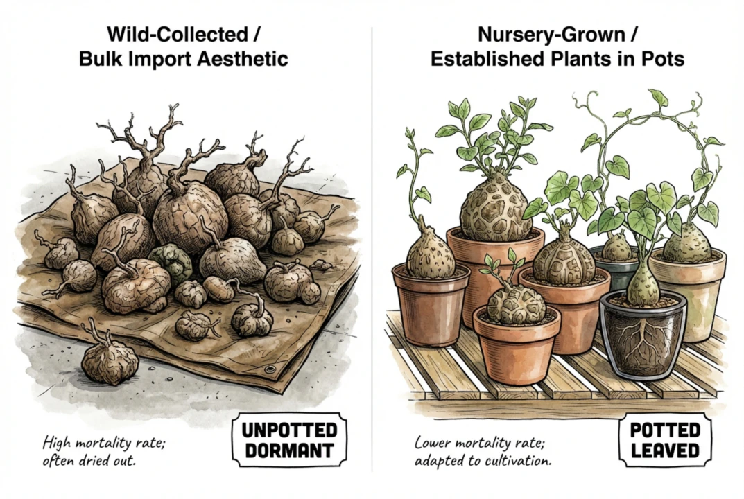A bulk bare-root listing that requires shipment records but is not proof of illegal collection