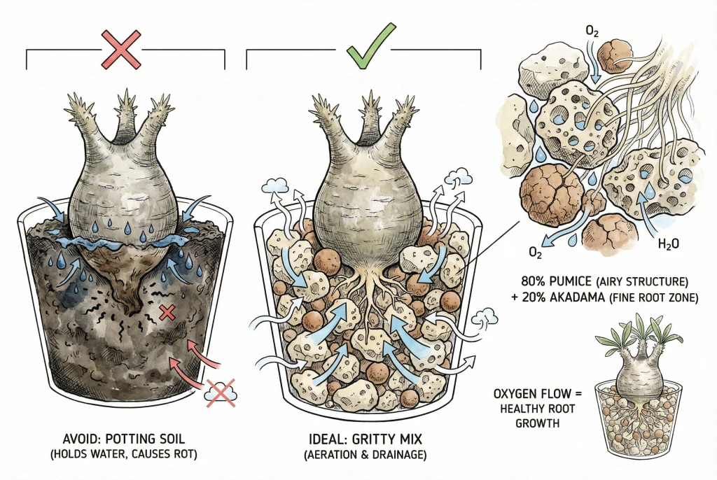 Particules minérales grossières laissant des espaces d’air autour d’un Pachypodium en cours d’enracinement.
