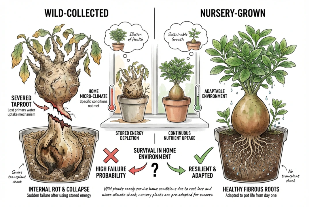 A mature uprooted caudex with limited fine roots facing establishment risk