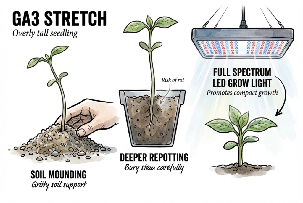 A loose support holding an elongated seedling without burying wet stem tissue
