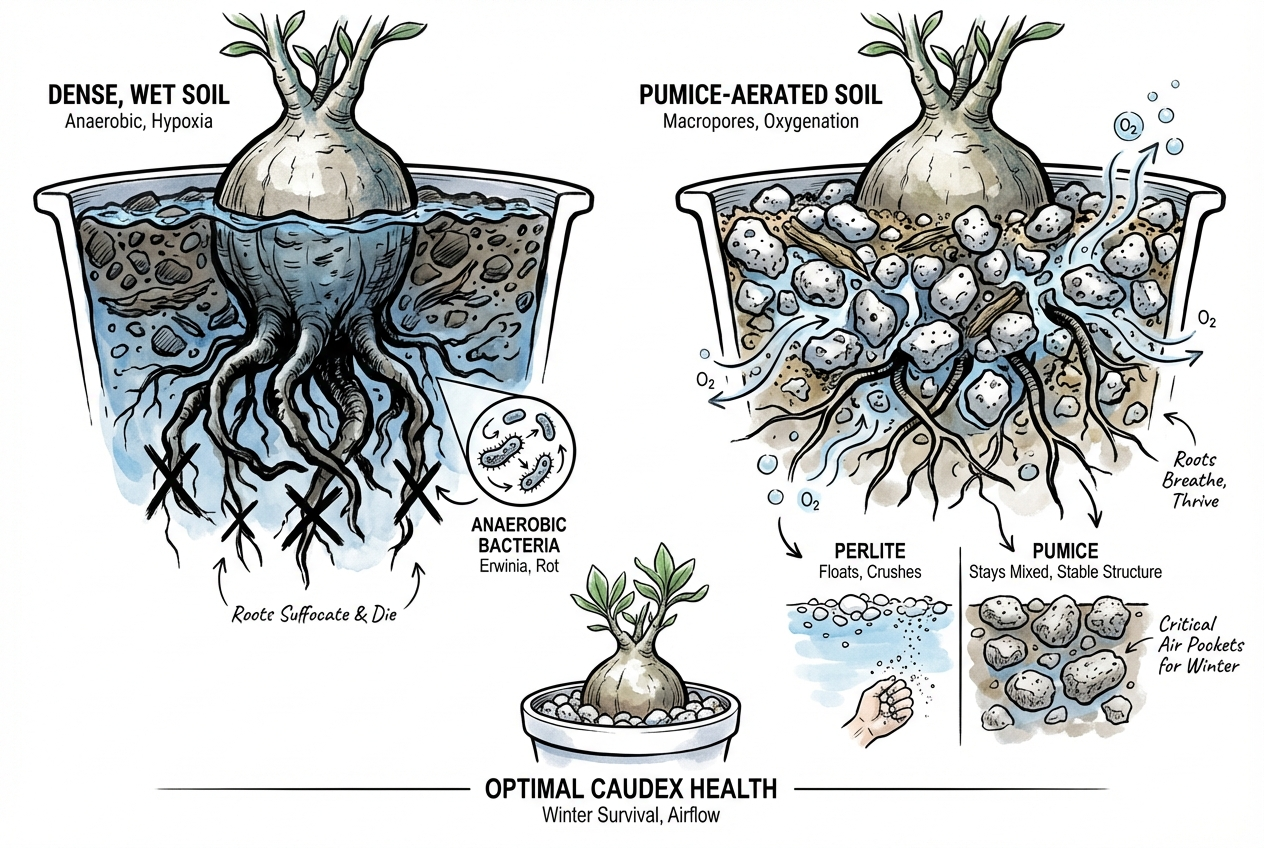 Pumice particles contributing air space within a caudex potting mix