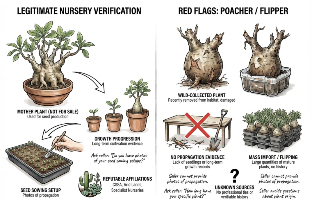Buyer comparing a plant listing with nursery, invoice, and permit information