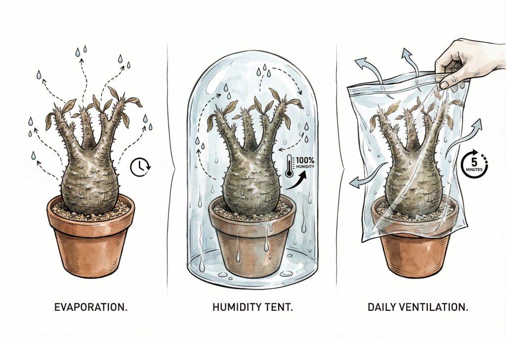 Couvercle ventilé éloigné d’un Pachypodium sans racines plutôt que fermé autour de lui.