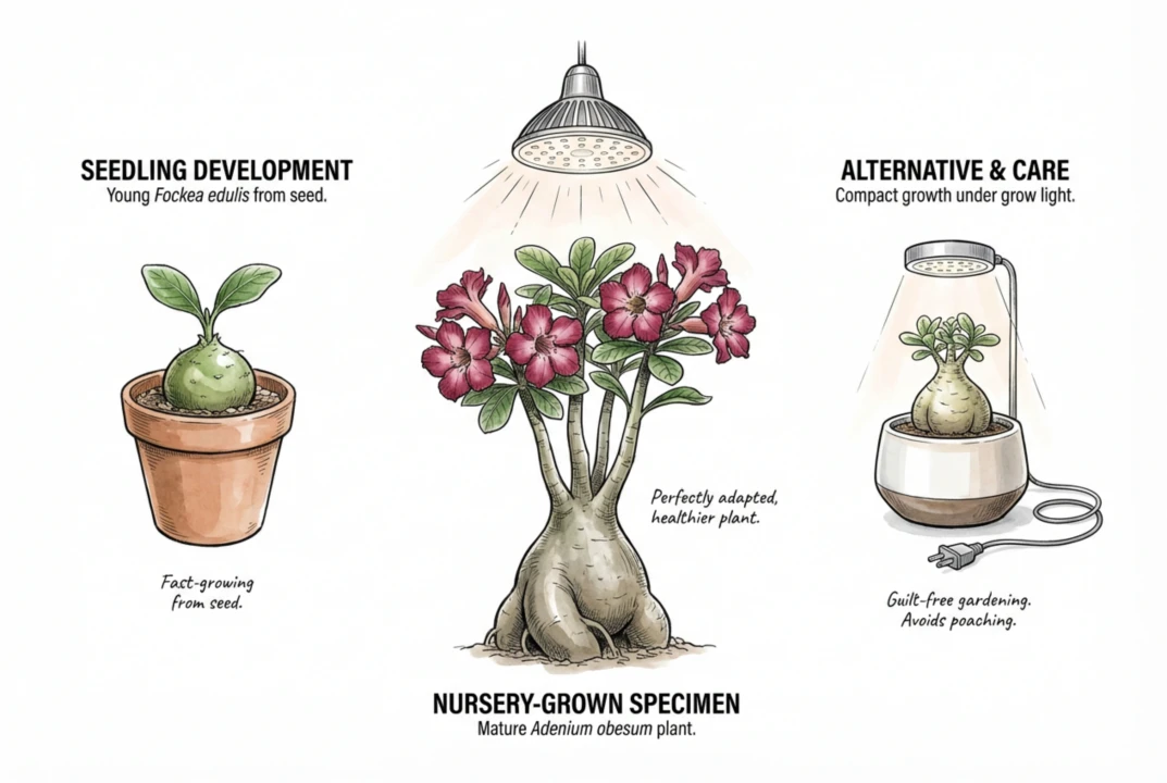 Smaller documented nursery-grown caudex plants as a lower-risk buying choice