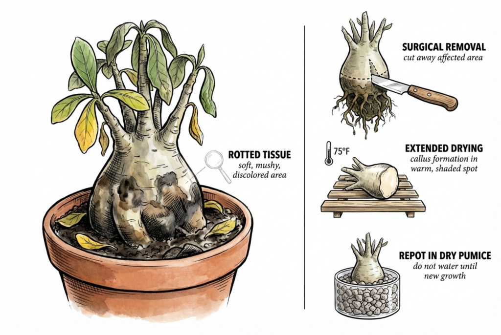 Illustration conceptuelle de l’évaluation d’une pourriture du caudex