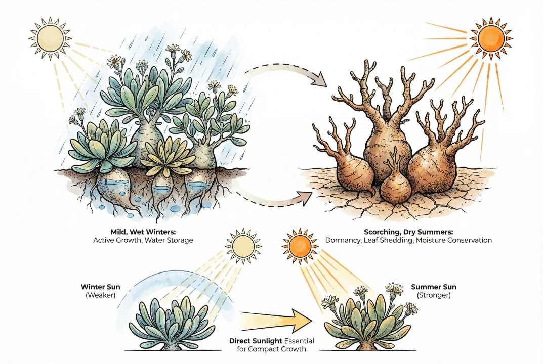 Succulents growing in winter landscape with rain clouds while summer plants are dormant