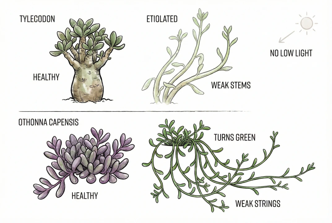Comparison of healthy compact succulent versus weak stretched etiolated plant