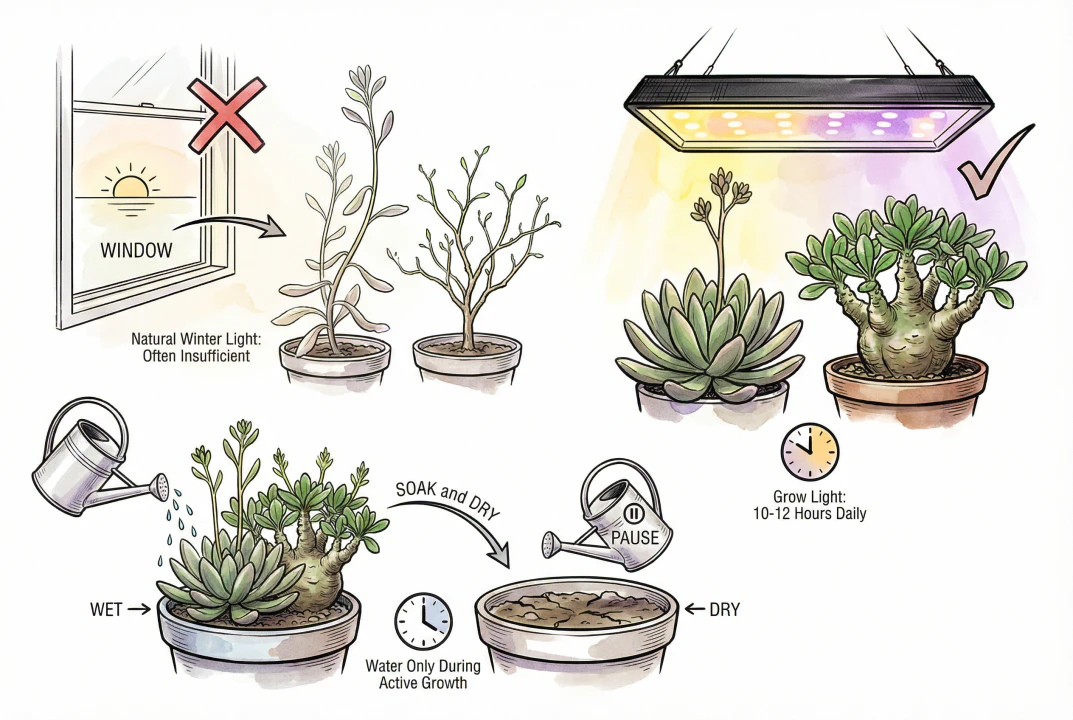 Indoor succulent setup with LED grow lights above plants
